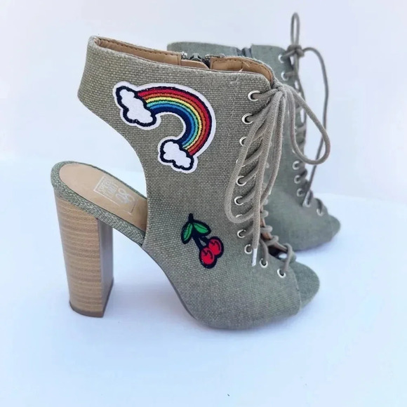 SPEED LIMIT 98 Green Denim Cherry Rainbow Patch Lace Up Heeled Booties - Picture 5 of 8